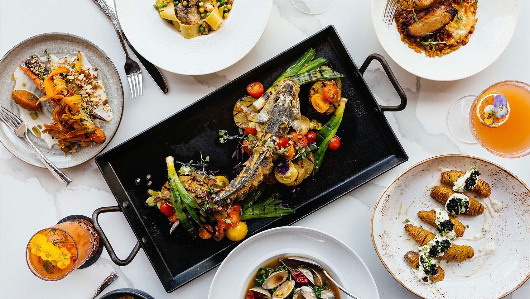 platter of various food dishes