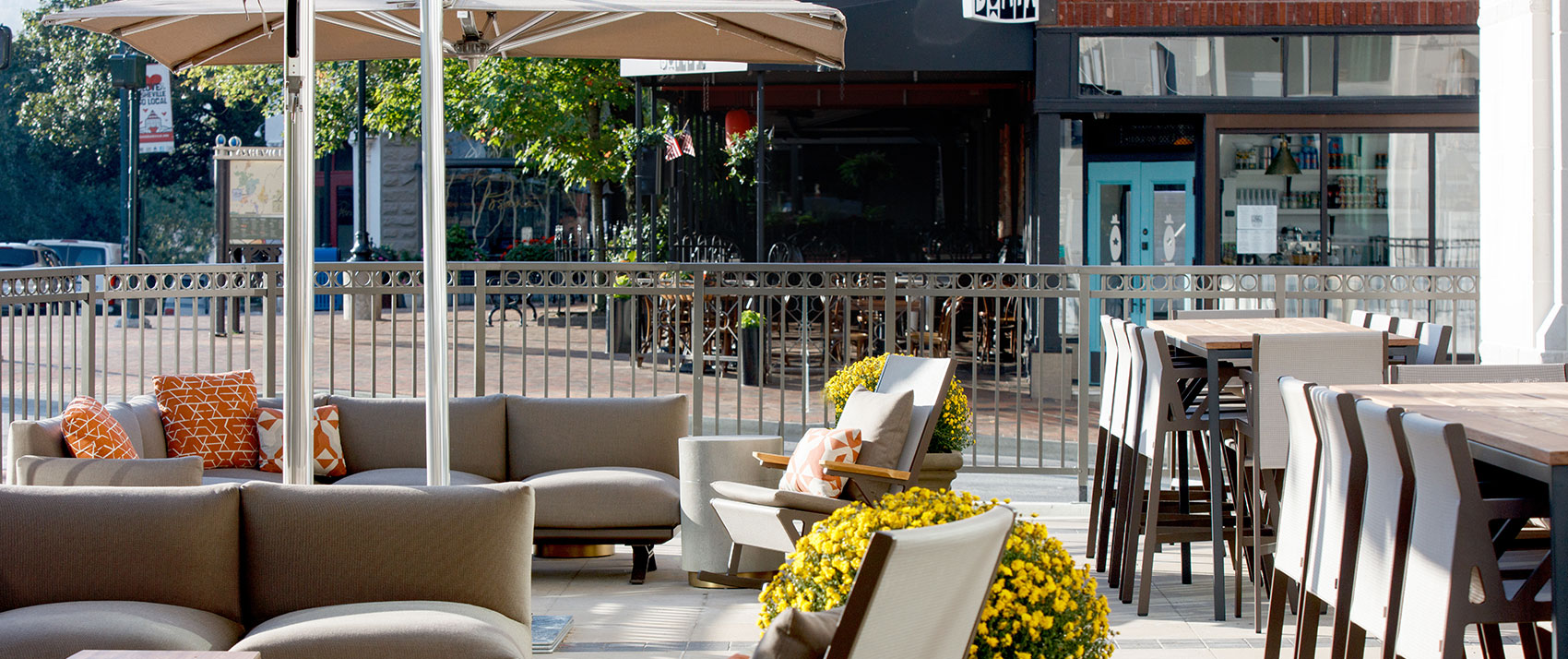 outdoor patio with downtown streets in the background